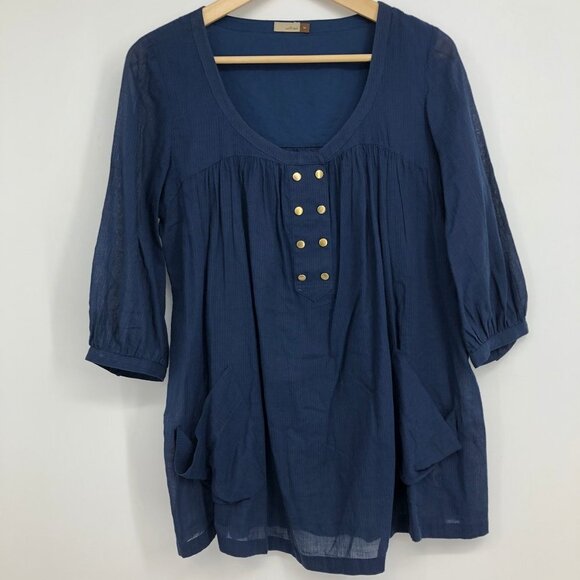 Wilfred Aritzia Navy Blue 3/4  balloon sleeve gold studded scoop neckline tunic - Picture 15 of 15